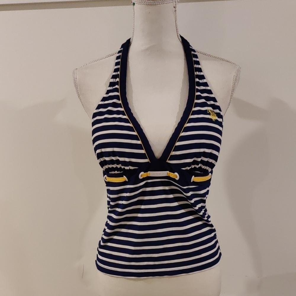 Us Polo Navy & White Striped Halter Tankini Swim Top Yellow Trim Y2K Nautical - Picture 1 of 7